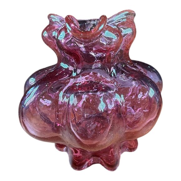 Vntg Cranberry Art Glass Pitcher Vase Clear Handle Vessel Decanter Carafe Flask - Picture 2 of 7